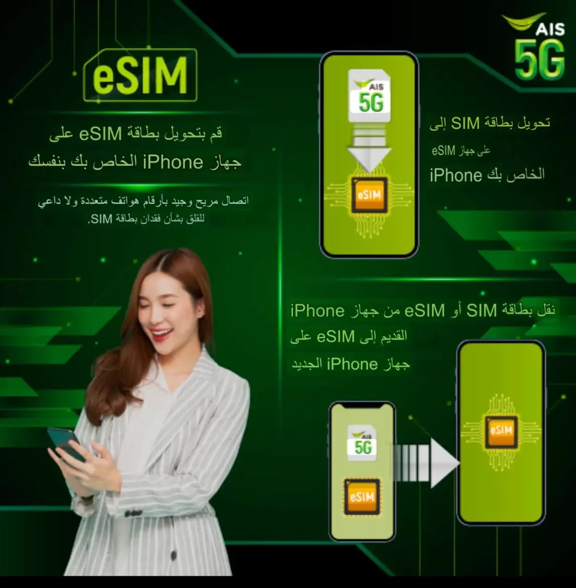 يمكنك التحويل إلى eSIM بنفسك إما تحويل بطاقة SIM الحالية إلى eSIM نفسها أو نقل eSIM أو بطاقة SIM من هاتفك القديم إلى هاتف جديد.